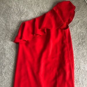 One shoulder, bright red dress